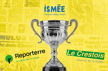 Un trophée entouré des logos de chaque média lauréat : Ismée, Reporterre, Le Crestois