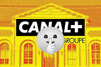 Le logo du Groupe Canal+ est associé à l'emoji demandant le silence (?), devant la photo de la cour d'appel de Versailles.