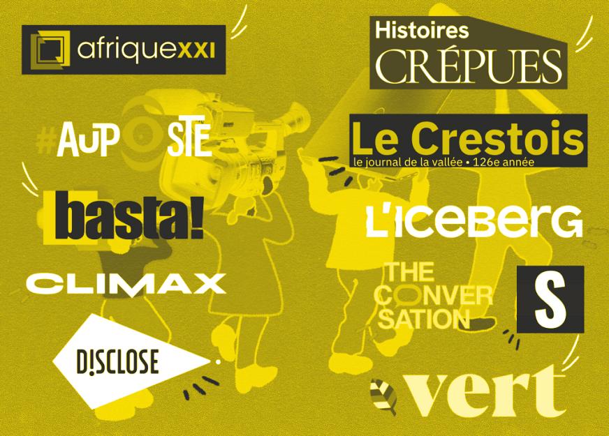 Les onze logos des médias soutenus par l'appel à projet 2026 du Fonds pour une presse libre (FPL) sont placés côte-à-côte : Afrique XXI, Au Poste, Basta!, Climax, Disclose, Histoires Crépues, Le Crestois, L'Iceberg, The Conversation, Les Surligneurs, Vert.