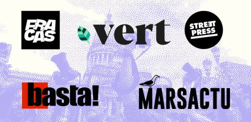 Les cinq logos des lauréats sont réunis sur un fond mauve et blanc : Fracas, Vert, StreetPress, Marsactu et Basta!